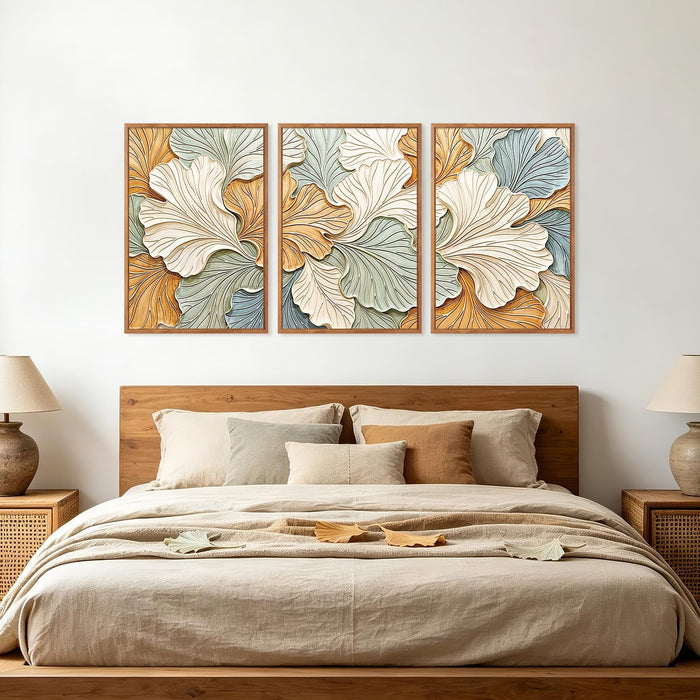 3D Neutral Earth Tone Impasto Ginkgo Leaf Textured Framed Canvas Wall Art Set, Pastel Minimalist Relief Wall Decor, Modern Art Prints for Living Room Hallway Bedroom Home Decor 24"X36"X3