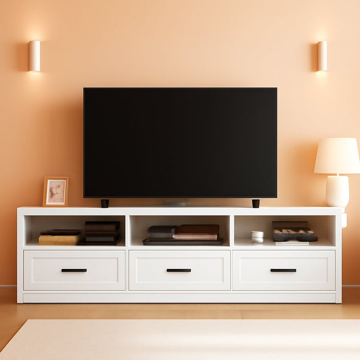 70In TV Stand for Tvs up to 80", Mid Century Modern Entertainment Center with Storage Drawer and Open Shelves, TV Console Media Cabinet for Living Room, Bedroom, Antique White