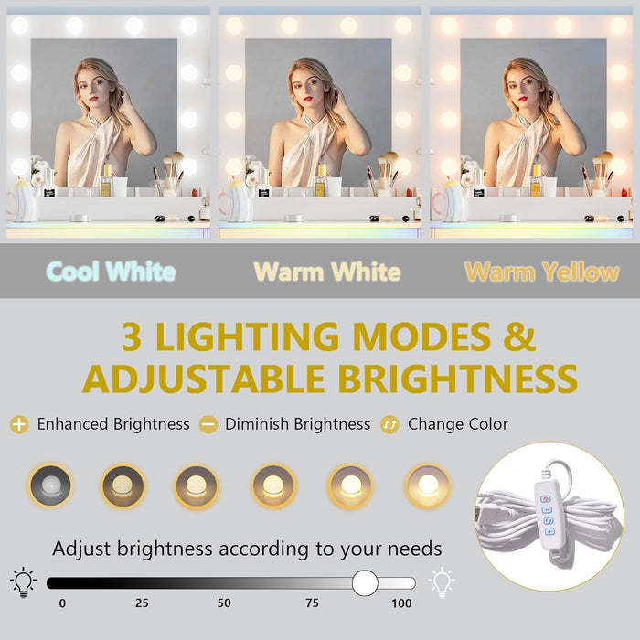 Vanity Desk with Mirror and Lights, 43'' White Makeup Dressing Table Set with 5 Drawers & Chair, Power Outlet, 3 Lighting Modes Adjustable Brightness & RGB LED for Women Girls Bedroom Bathroom