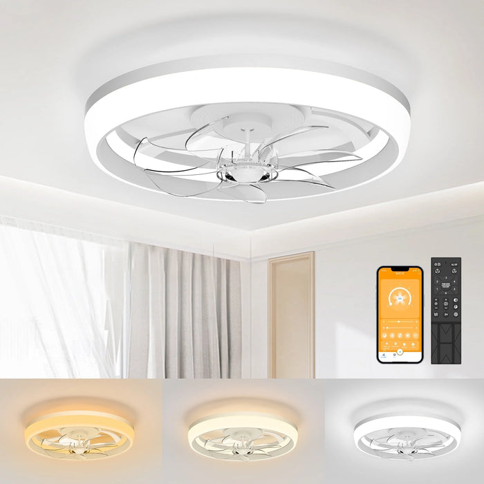 19" Ceiling Fan with Light - 2 Colors Lighting, 6 Wind Speeds, Ceiling Fan with Remote Control&App, Modern Dimmable LED Ceiling Fan, Smart Ceiling Fan for Bedroom, Kids Room(White)