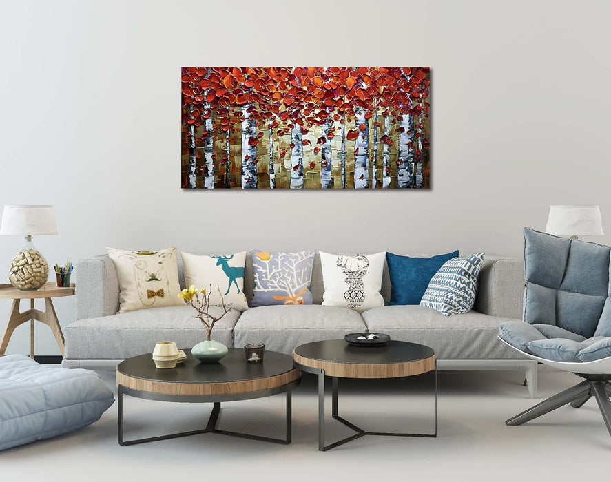 Art, 24X48 Inch Paintings Oil Abstract Red Birch Trees Wall Art Contemporary 3D Hand-Painted on Canvas Artwork Art Wood inside Framed Hanging Living Room Bedroom Wall Decoration