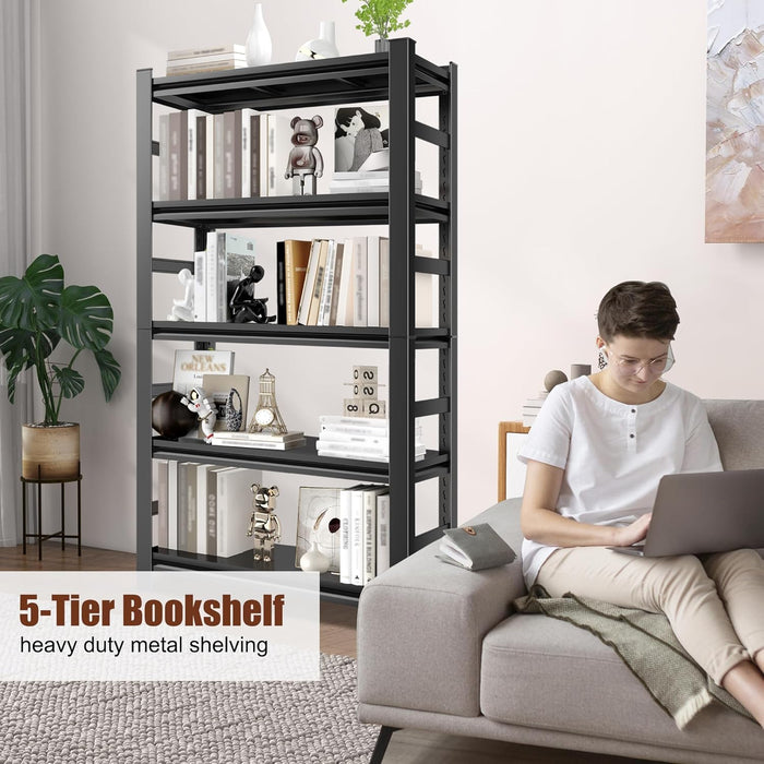 5-Tier Metal Bookshelf, Adjustable Industrial Bookcase, 72" Tall Storage Shelf for Books, Cds, Movies – Free Standing, for Office, Living Room, Bedroom