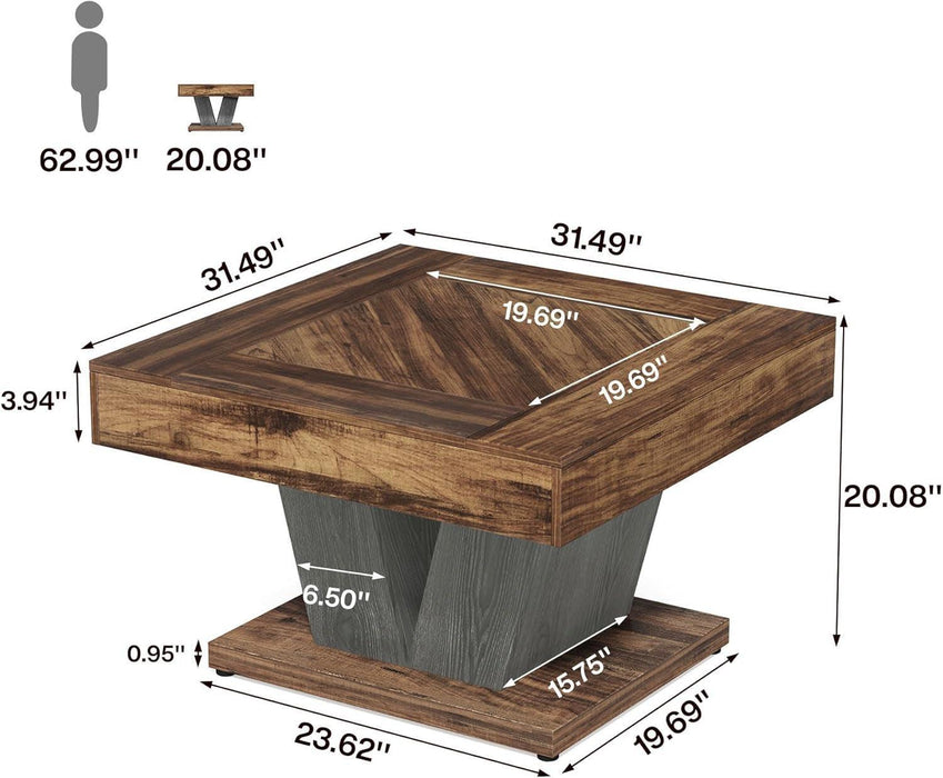 Square Coffee Table, Wood Center Table for Living Room, 31.5" Modern Cocktail Tea Accent Table, Rustic Brown & Black