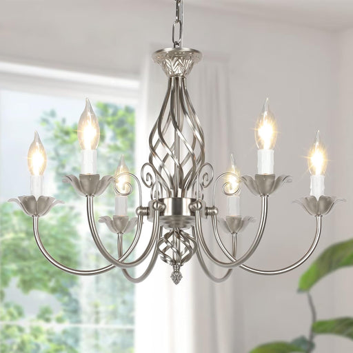 6-Light Farmhouse Candle Chandelier for Living Room, Rustic Industrial Pendant Ceiling Light Fixture, Brushed Nickle Modern Ceiling Hanging Lamp for Bedroom Hallway Kitchen Dining Room Foyer, E12 Base