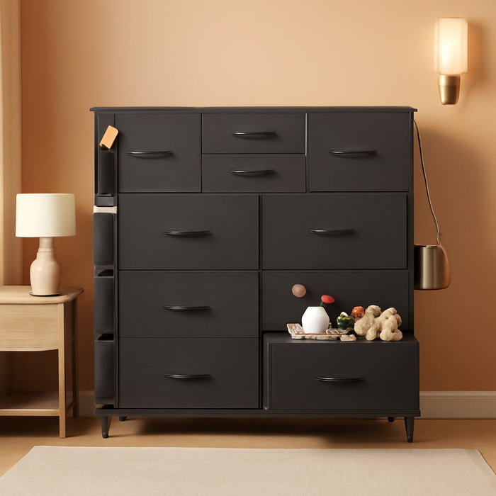 Dresser for Bedroom with 10 Drawers, Fabric Dresser Chest of Drawers with Side Pockets and Hooks, Sturdy Metal Frame, Drawers Organizer Unit for Living Room, Hallway, Black
