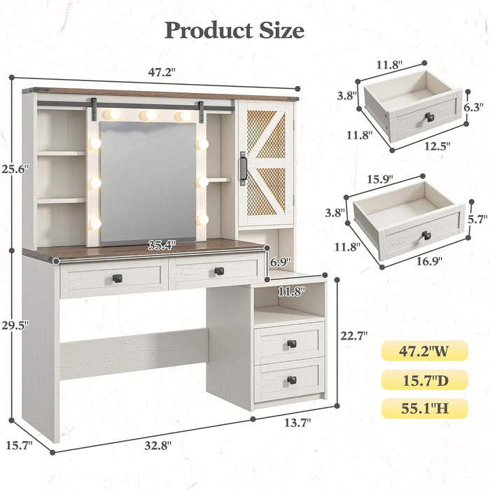 Farmhouse Makeup Vanity Desk with Sliding HD Mirror and Lights, White Vanity Table with 4 Drawers & RGB Cabinets, Jewelry Organizer, Farmhouse Style for Bedroom, Antique White