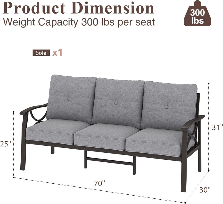 Patio 3 Seats Sofa, All-Weather Outdoor Couch, Patio Furniture Sofa,Khaki Metal Furniture with Gray Cushions