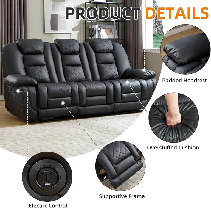 Faux Leather Power Reclining Sofa, Electric 3 Seat Recliner Sofa Chair with USB and Type-C Charging Ports, Overstuffed Armrest and Backrest, Couch Furniture for Living Room, Black