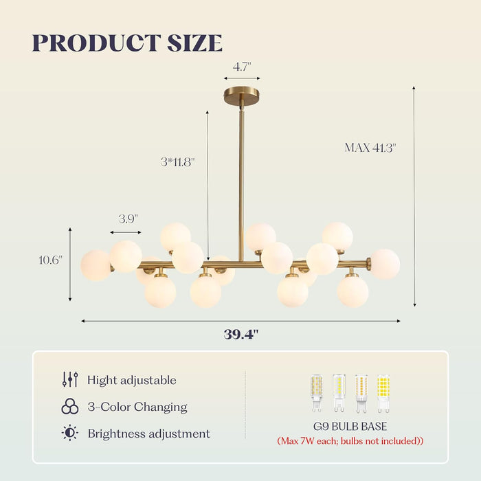Mid Century Modern Chandelier over Table, 16-Light Globe Sputnik Chandelier Rectangle Pendant Lighting Fixture Hanging Ceiling Light for Dining Room, Kitchen Island