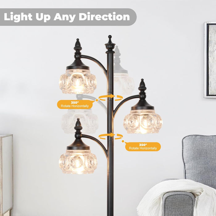 Black Floor Lamp for Living Room,Tall Standing Lamp Dimmable Tree Floor Lamps with 3 Rotatable Lights Glass Shade 66.5'' Modern Corner Lamp for Bedroom Office(3Led Bulbs Included)
