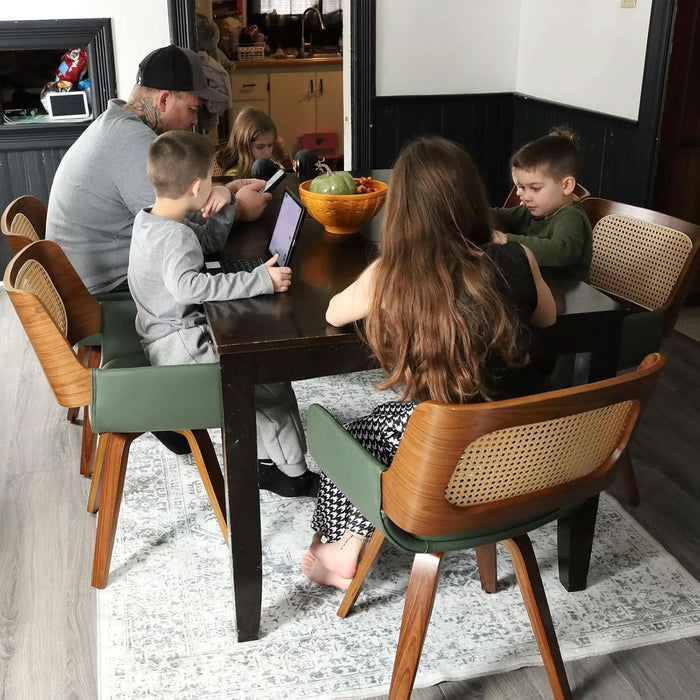 Set of 4 Dining Room Chairs with Arms - Swivel Cane Dining Chairs with Ergonomic Rattan Back, Walnut Bentwood Frame, Curved Arms, Versatile for Restaurant/Living Room/Kitchen (Walnut Green)