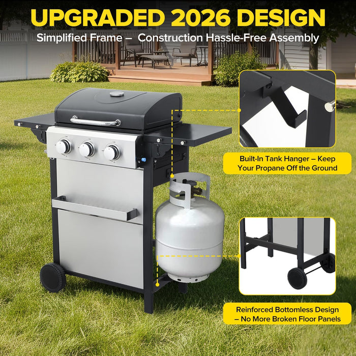 3 Burner Propane Gas Grill, 30,000 BTU Stainless Steel Outdoor BBQ Grill with 322 Sq. In. Cooking Area & 2 Foldable Side Shelves, Patio Cookout Essentials for Backyard