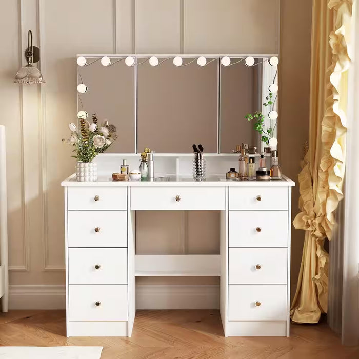 White Makeup Vanity Desk 9-Drawers Wood Dressing Table with 3 Mirrors, Glass Top, Hidden Storage Shelves, LED Bulb Light