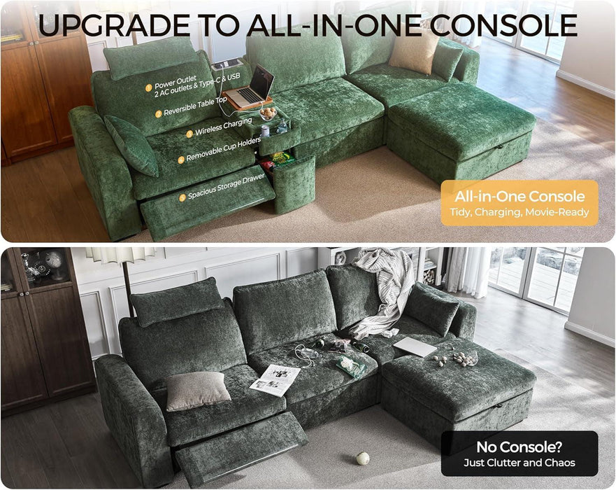 102.8'' Loveseat Power Recliner Sofa with Headrest, Oversized Cloud Modular Sectional Reclining Couch with Table, Storage Drawer, Charging, 2-Seater for RV Home Theater, Chenille, Green