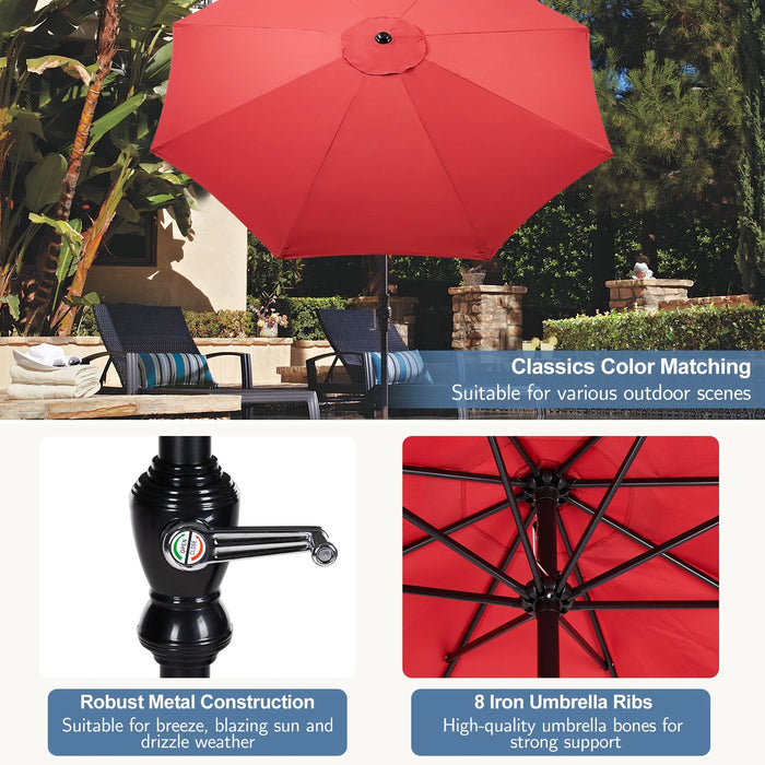 9FT Outdoor Patio Umbrella with Push Button Tilt and Crank Handle, Market Umbrella with 8 Sturdy Umbrella Ribs, UV Protection, Waterproof, Red