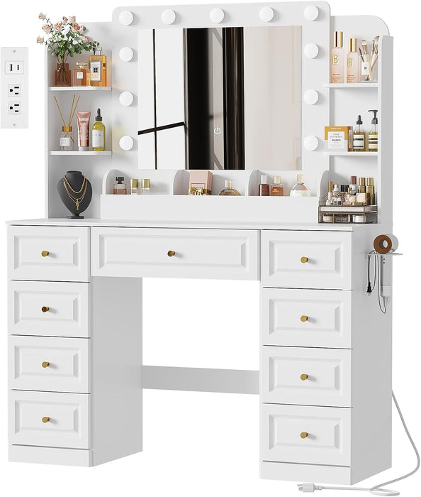 White Premium Illuminated Makeup Vanity With Outlet