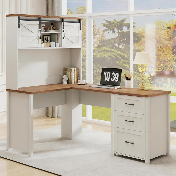 Farmhouse 68" H L Shaped Desk with Hutch,Office Table with 3 Drawers and Sliding Doors, Executive Desk with File Drawers,Workstation for Home Office & Study, Unique White.