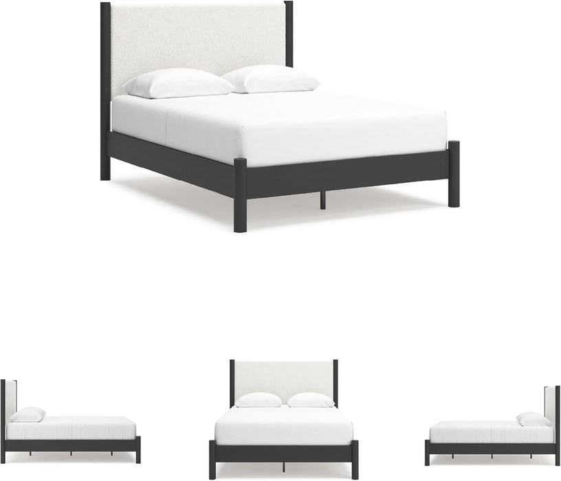 Signature Design by Ashley Cadmori Modern Queen Upholstered Platform Bed, Foundation or Box Spring Not Needed, Black & White