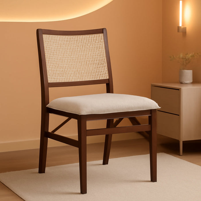 Kasi Brown and Natural Rattan Cane Fully Assembled Foldable Wooden Dining Side Chair