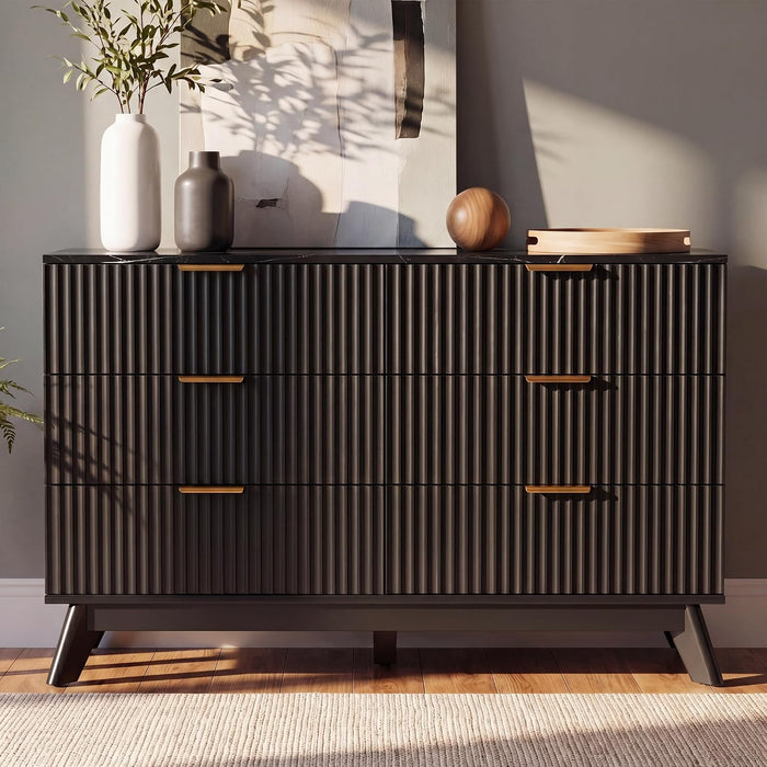 Fluted Dresser for Bedroom, 47.2" Wide Chest of 6 Drawers, Black