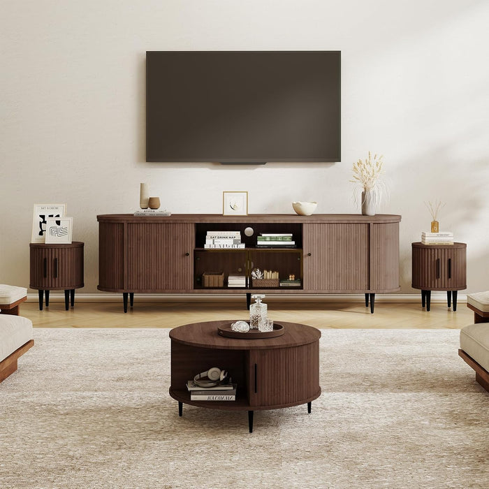 4-Piece Luxury Living Room Table Set, Includes 70" Fluted TV Stand, Fluted Coffee Table and Fluted Nightstand Set of 2 with Storage Drawers, Brown