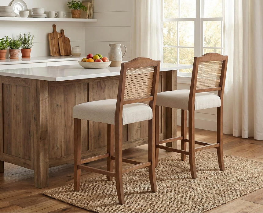 30 Inch Counter Height Stools Set of 2 Rattan Farmhouse Barstools Mid Century Modern Bar Chairs Upholstered Kitchen Bar Stools with Wood Legs for Island/Dining Room, Linen Beige