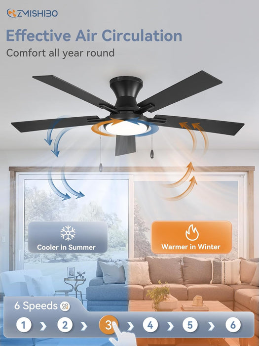 52Inch Ceiling Fans with Lights, Low Profile Ceiling Fan with Pull Chain and Remote Control, Flush Mount, Reversible, Dimmable, Noiseless, Black Pull Cord Ceiling Fan for Bedroom