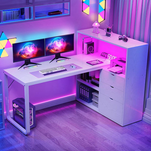 L Shaped Desk with Drawers, 55" Corner Computer Desk with Bookshelf & Power Outlets & LED Lights, Home Office Desk with Storage Shelves, White