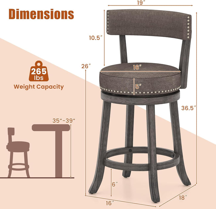 26" Bar Stools Set of 2, Swivel Counter Height Bar Chairs with Footrest, Rubber Wood Frame, Upholstered Linen Barstools with Back & Cushioned Seat for Kitchen Island, Dining Room, Pub