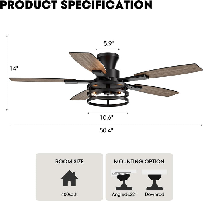 50 Inch Flush Mount Ceiling Fans with Lights and Remote Control, Low Profile Farmhouse Ceiling Fan for Bedroom Living Room and Patio, Black Caged Ceiling Fan for Indoor and Outdoor