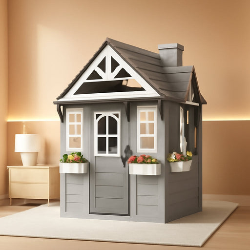 Kids Outdoor Playhouse,Cedar Gray Wooden Play House for Kids Ages 3-8, with Play Kitchen, Interactive Doorbell, Toy Phone, Sink, Flowerpot