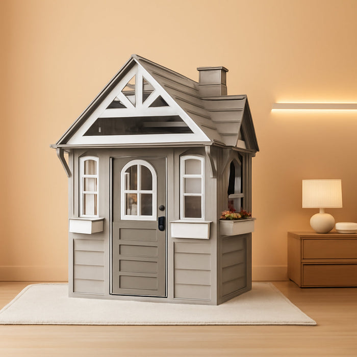 Kids Outdoor Playhouse,Cedar Gray Wooden Play House for Kids Ages 3-8, with Play Kitchen, Interactive Doorbell, Toy Phone, Sink, Flowerpot