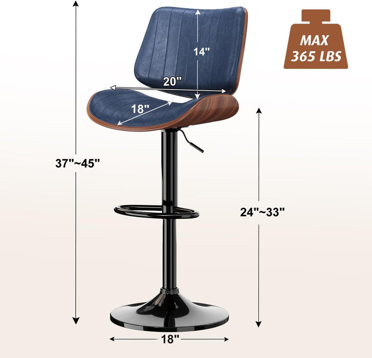 Swivel Bar Stools 2PCS, Adjustable Bentwood Barstools for Kitchen Counter | Modern PU Leather Upholstered Bar Chair with Back and Footrest, for Kitchen Island, Bar, Dining Room, Navy