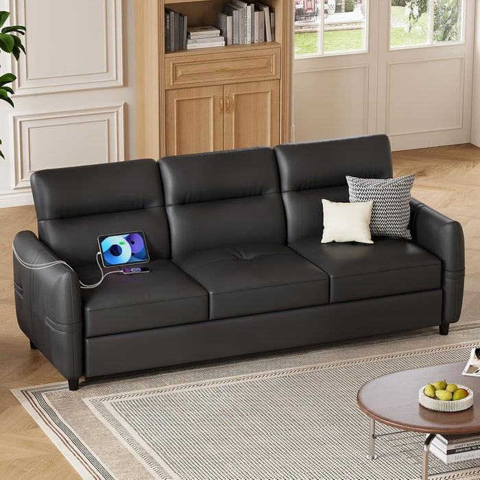 85Inch Black Faux Leather Executive Sofa USBChargingPorts