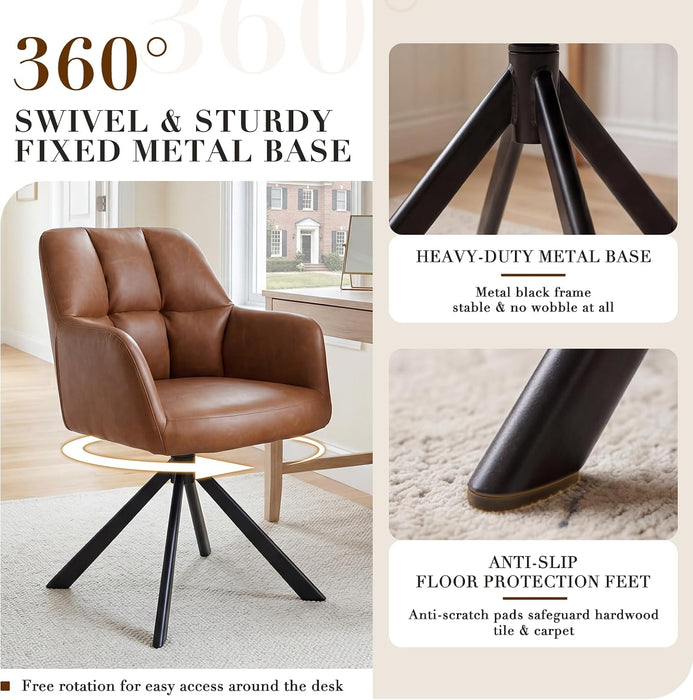 Comfy Leather Desk Chair Modern Computer Task Chair No Wheels Swivel Accent Chair with Mid Back Arm Chair for Living Room/Bedroom/Home Office, PU Brown
