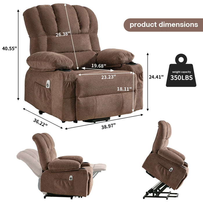 Power Lift Recliner Chair for Elderly, Electric Recliners with Heat and Massage, USB Charge Port, Cup Holders, Infinite Position and Side Pockets, Fabric Single Sofa for Living Room, Brown