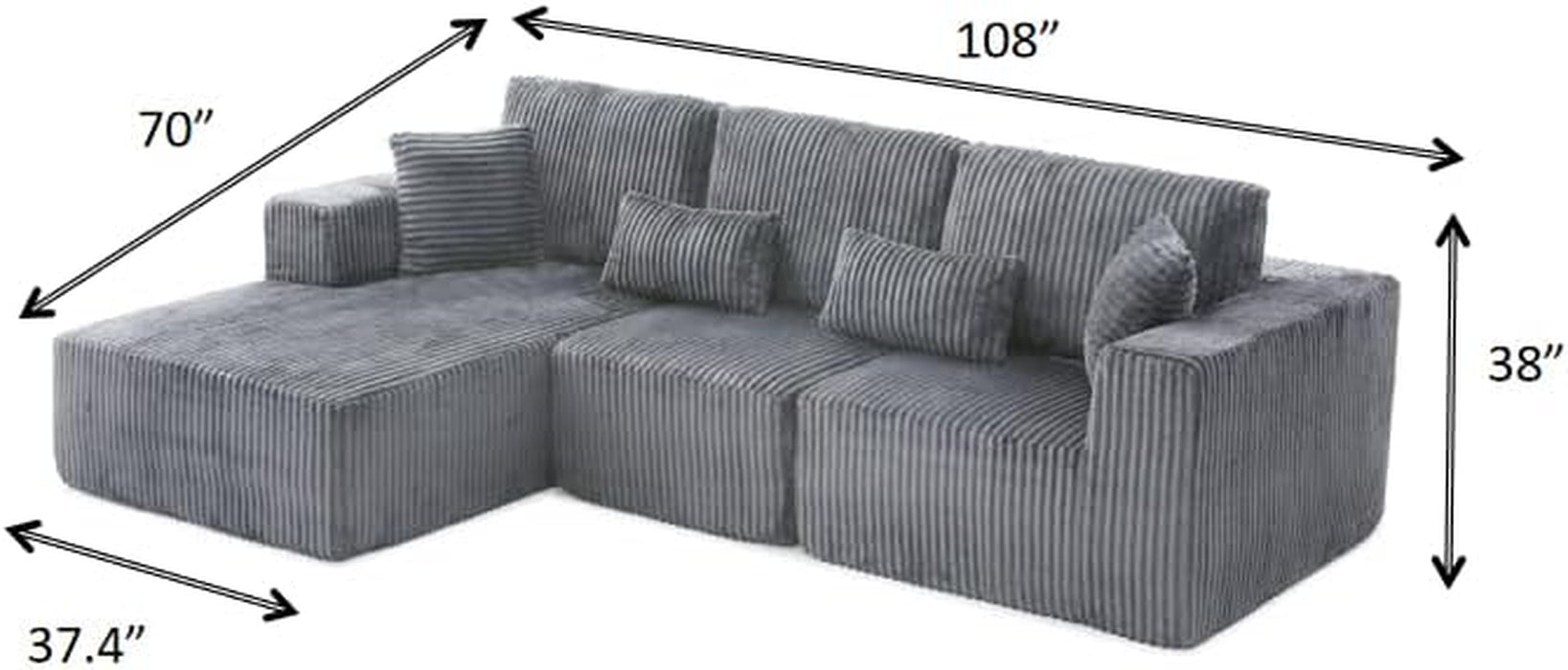 108 Inch Cloud Sectional Sofa Grey UltraSoftChenille