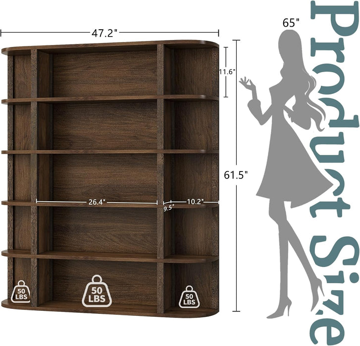 5-Tier Wood Book Shelf, 47" Wide Large Bookshelf and Bookcase, 62" Tall Bookshelf with Curved Side Shelves, Freestanding Wood Display Book Shelves for Living Room, Home Office, Walnut