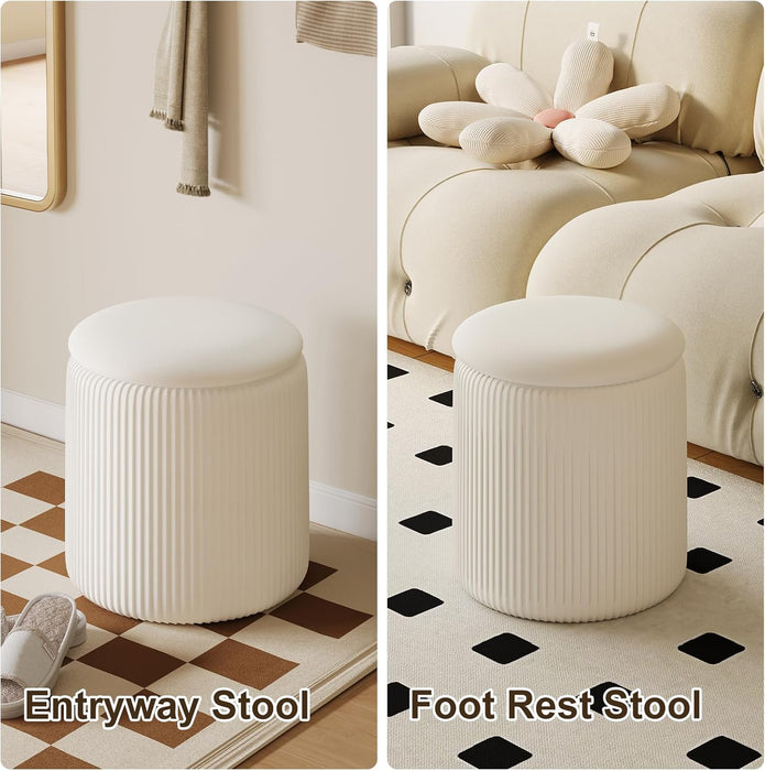 Round Ottoman with Storage Set of 2, White Vanity Stool, Upholstered Velvet Storage Ottomans, Makeup Chair Seat for Bedroom, Small Pouf Footstool for Living Room