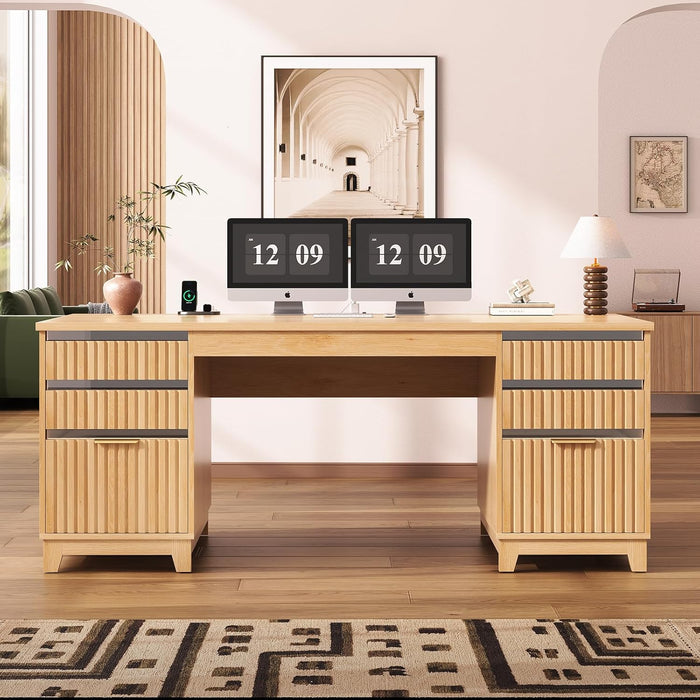 55.1" Fluted Office Desk with 6 Drawers, Modern Executive Desk with Acrylic File Drawers, Computer Desk with Power Outlets for Home Office and Study, Natrual