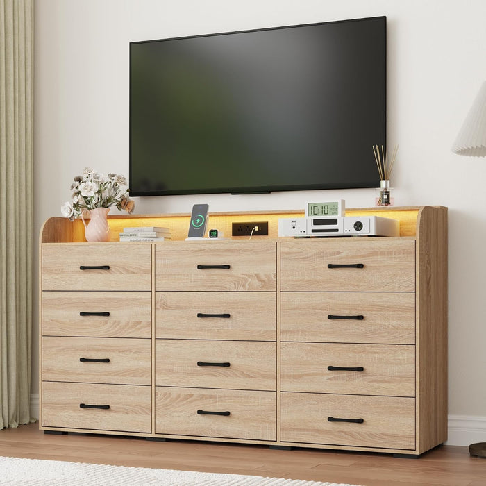 12 Drawers Dresser for Bedroom, 63" Wood Dresser with Power Outlet, LED Lights and Deep Drawers, Wide Chest of Drawers, Modern Minimalist Closet Dressers for Kids Bedroom, Living Room, Nursery, Oak