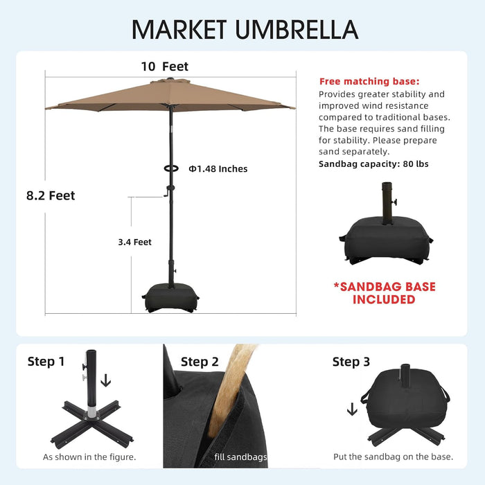 10FT Patio Umbrella with Base, Outdoor Umbrellas with Base Included, 8 Sturdy Ribs, Waterproof Fade Resistant POLYESTER DTY Canopy for Deck, Lawn, Garden, Backyard & Pool, Tan