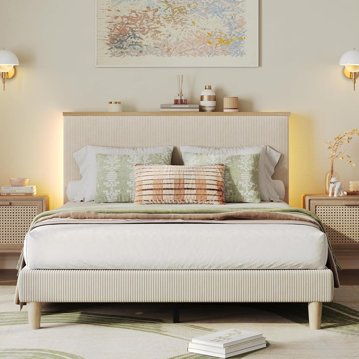 Full Bed Frame with Adjustable Headboard & LED, Upholstered, Beige