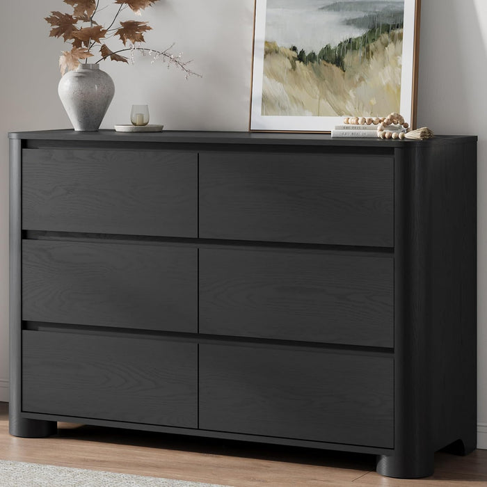 Black Dresser for Bedroom with 6 Drawers, 47" W Modern Chest of Drawers with Unique Thickened Foot, Rounded Corner Design, Wooden Dresser Organizer for Bedroom, Living Room, Hallway
