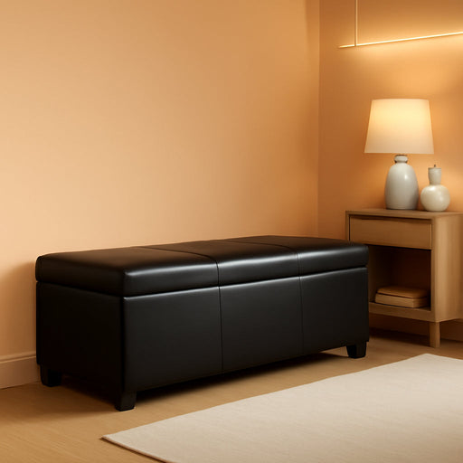 Storage Faux Leather Ottoman, 47 Inch Bench Bedroom Bench with Safety Close Hinge, Extra Long Ottoman with Storage for Living Room, Entryway, Hallway, Foot Rest, Support 300Lbs - Black