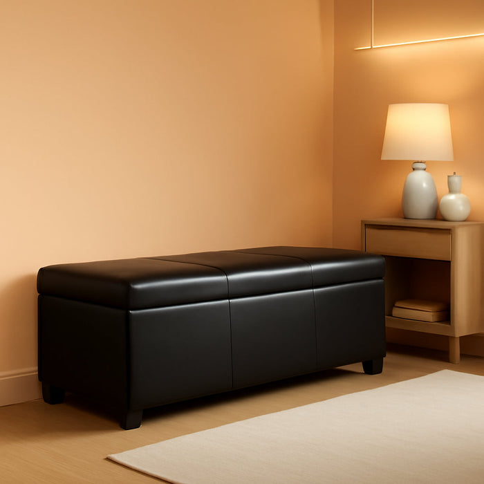 Storage Faux Leather Ottoman, 47 Inch Bench Bedroom Bench with Safety Close Hinge, Extra Long Ottoman with Storage for Living Room, Entryway, Hallway, Foot Rest, Support 300Lbs - Black