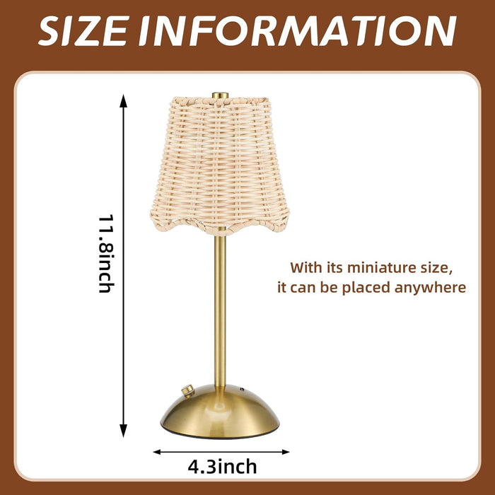 12 Inch Rattan Cordless Table Lamp, without Bow, Gold, 4 Pack