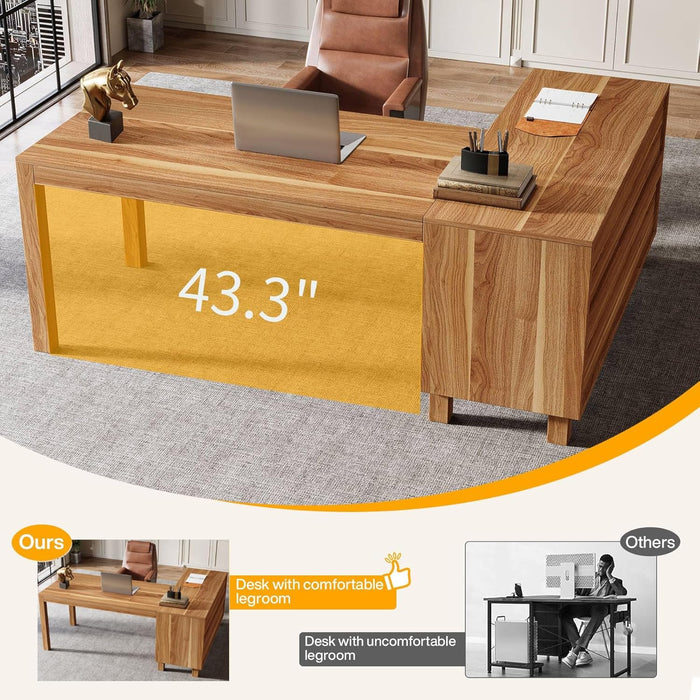 L-Shaped Desk with File Cabinet, 59-Inch Executive Office Desk with Storage Shelves, Wooden Study Writing Desk Farmhouse Corner Computer Desk for Home Office, Rustic Brown