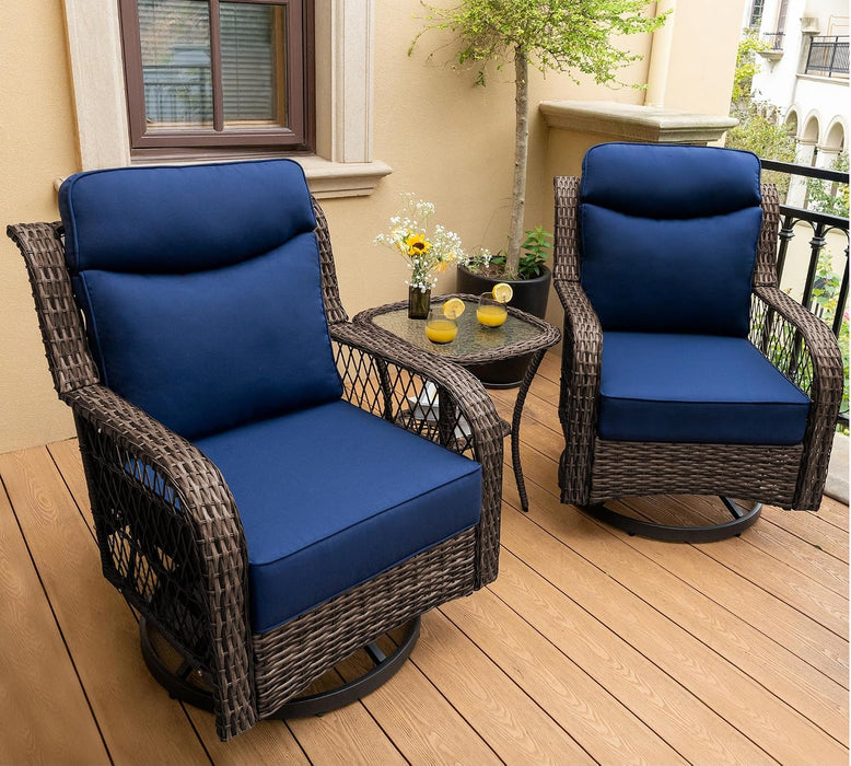 3 Pieces Outdoor Swivel Rocker Chairs with Rattan Side Table