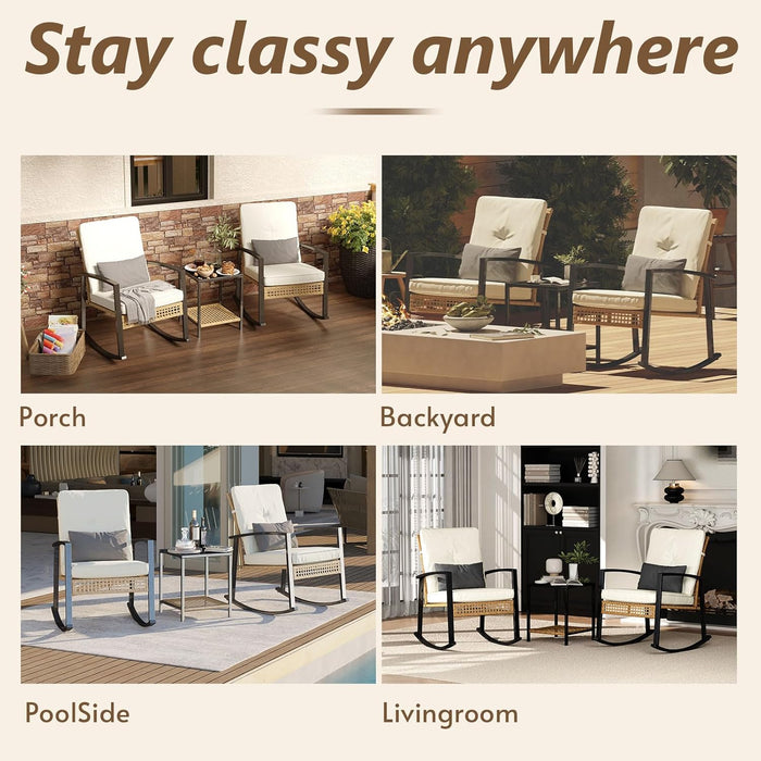 3 Piece Patio Rocking Chairs Set of 2, Outdoor Rocking Chair Bistro Set with Tempered Glass Coffee Table and Thick Lumbar Pillow Set, Front Porch Chairs for Garden, Backyard, Poolside (Beige)